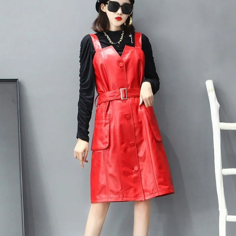 Street High Genuine Leather Dress Women Autumn Knee Length V-Neck Pocket Sashes Slim Single Breasted Straps Dress A-Line Dresses