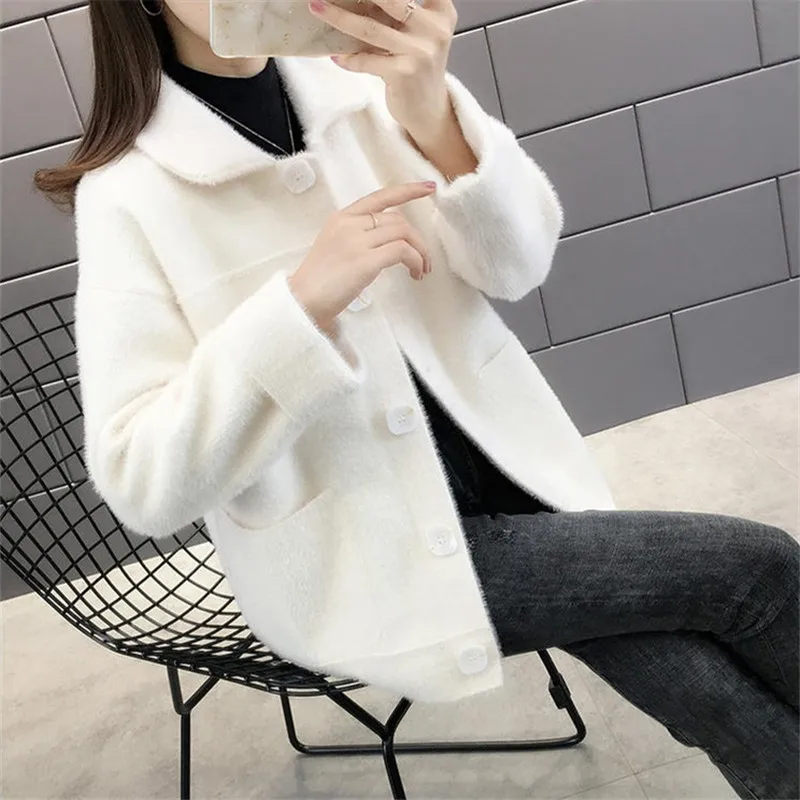 Autumn Winter Thick Faux Mink Cashmere Knitted Sweater Women Short Cardigan Outerwear Loose Casual Big Pocket Knit Jacket Female