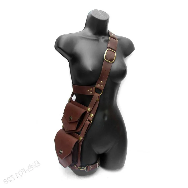 Handmade Steampunk Gothic Leather Double Holster Bag Vintage Antique Belt Pocket Cosplay Costume Viking Style Satchel For Women