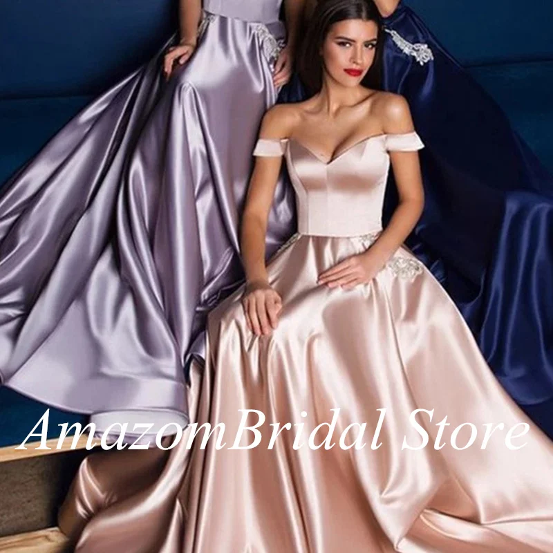 Sexy Satijn Cap Mouw Avondjurk A-lijn Sweetheart Pleats Eenvoudige Off Shoulder Lange Prom Gown Robes De Soiree فساتين السهرة 22