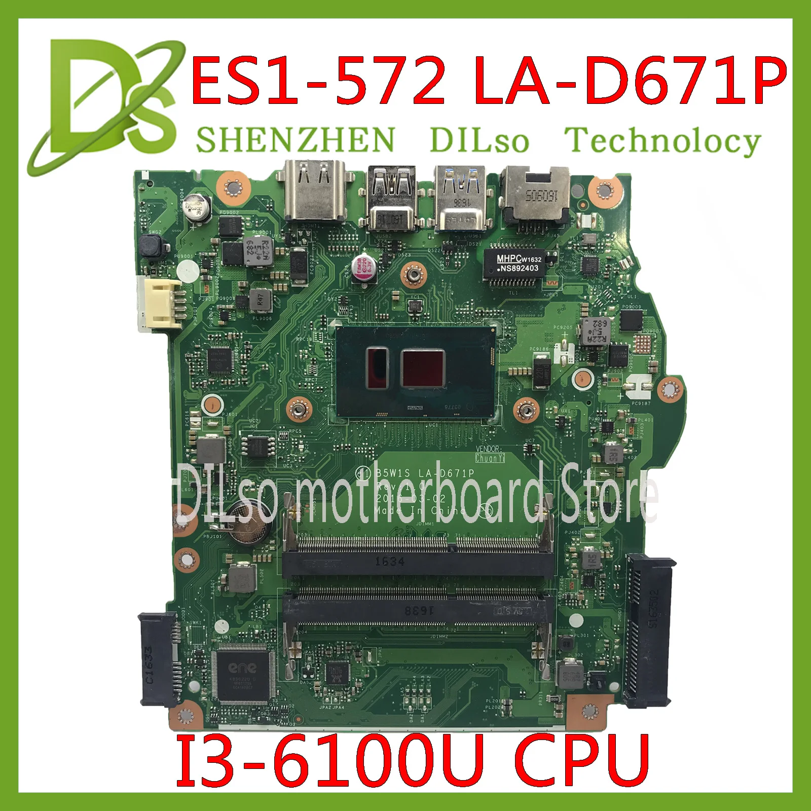 

KEFU B51S LA-D671P Mainboard For Acer Aspire ES1-572 LAPTOP Motherboard i3-6100u NBGD011001 B5W1S LA-D671P 100% Test OK