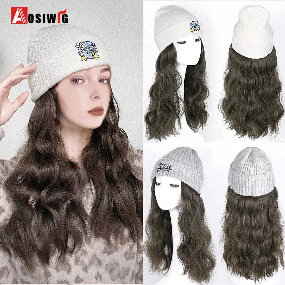 AOSIWIG Ladies Long Curly Hair Knitted Hat Wig Hat Winter Fashion Warmth Natural Synthetic All-in-one Hat Wig Extension