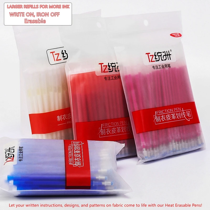 100Pcs/set High Temperature Disappearing Fabric PU Leather Marker Pen BIG Refills for Quilting Sewing and Dressmaking Heat Erase