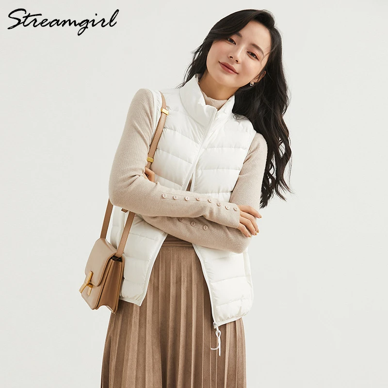 Streamgirl-Chaleco ultraligero de plumón de pato para mujer, chaquetas gruesas y cálidas, prendas de vestir verde claro, abrigos de plumón de invierno, 2020