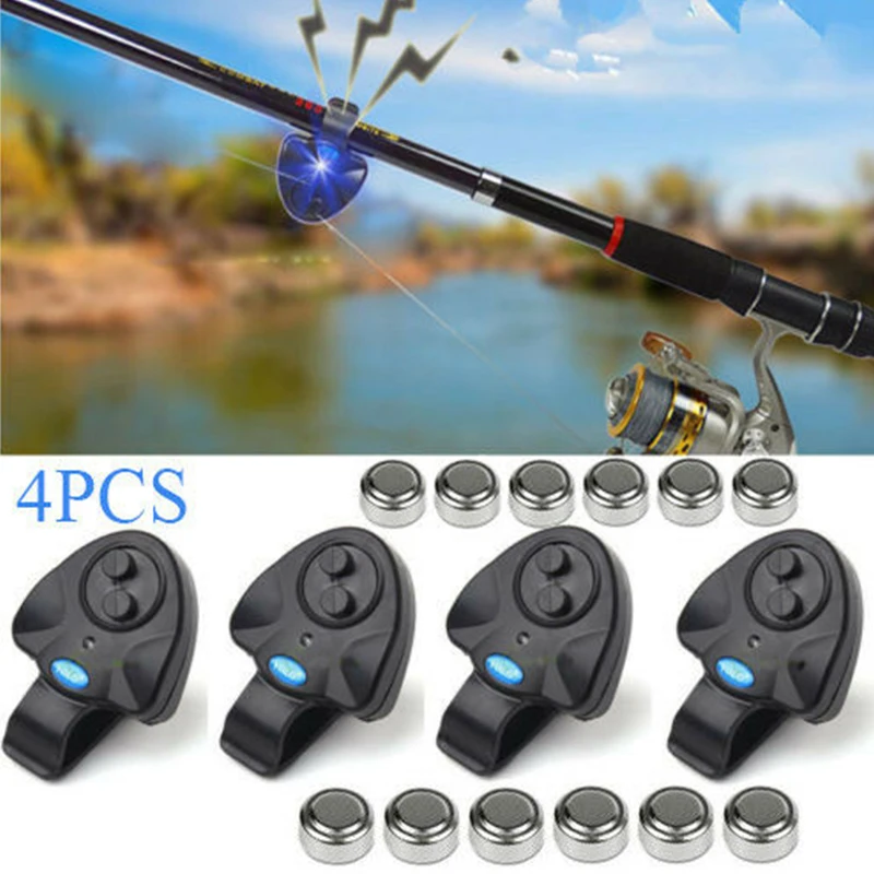 

4 x Electronic LED Light Fishing Bite Sound Alarm Alert Bell Clip On Fishing Rod