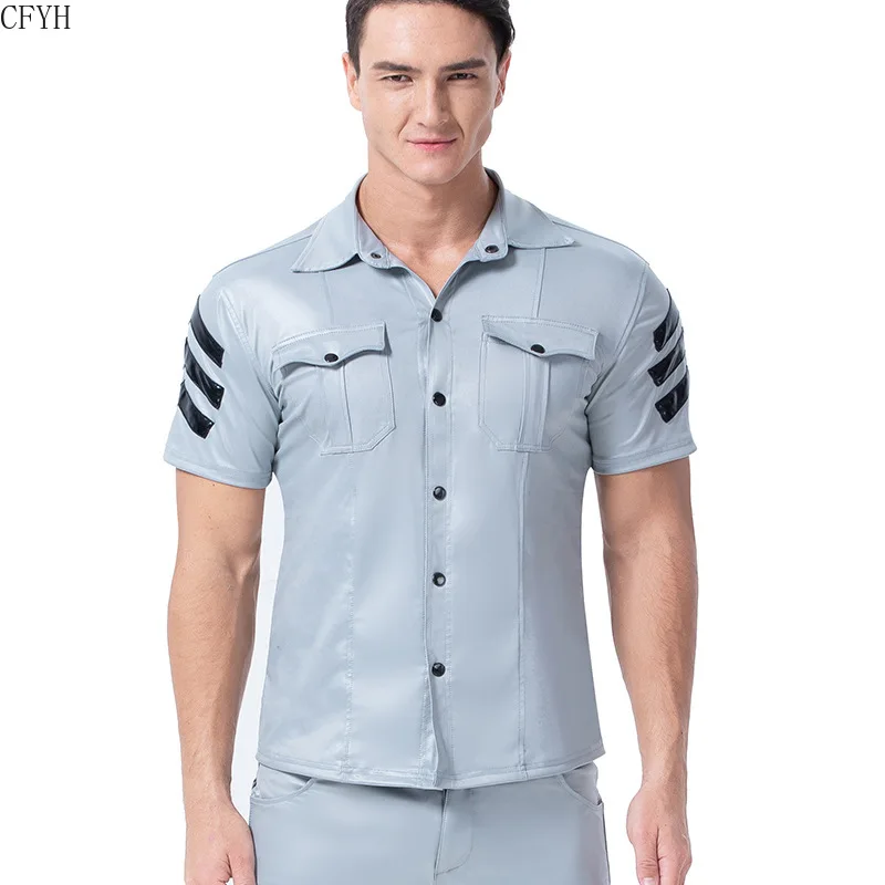 

Plus Size Men Undershirts Gay Faux Leather Pocket Shirt Tight Short-sleeved Wet Look Undershirt Uniform Dance Club Wear Costume