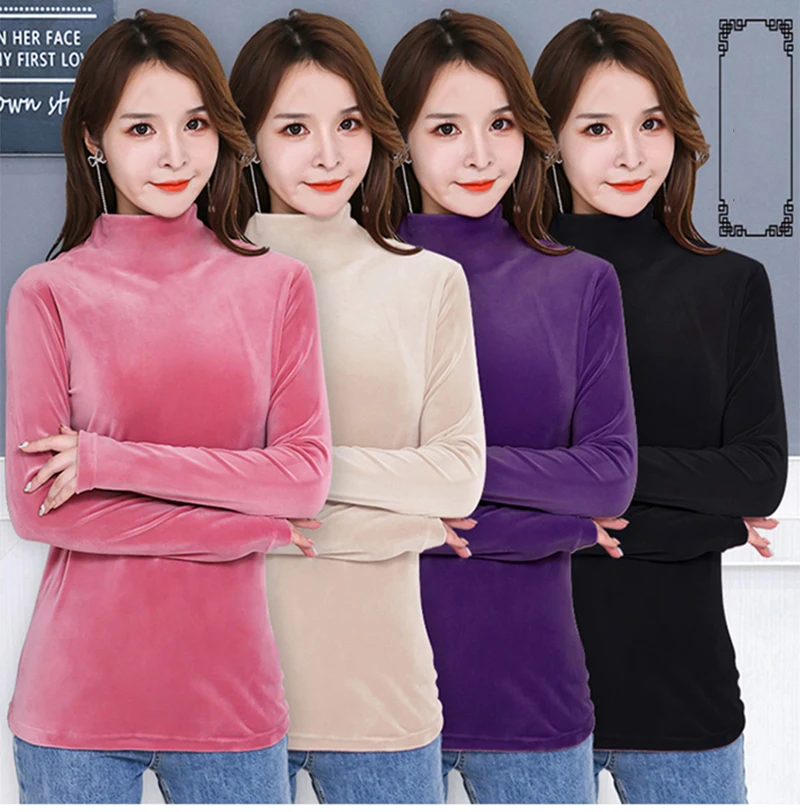 

2023 Winter Thick Warm Solid Base T-Shirt Women Double-Sided Velvet Half Turtleneck Bottoming Top Fashion Long Sleeve Soft Tees