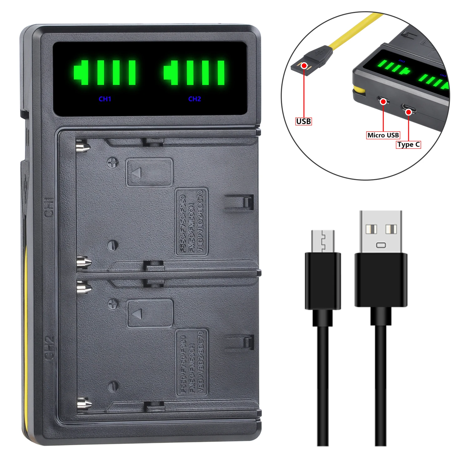 NP-F570 NP-F550 배터리 및 LCD 듀얼 USB 충전기, Yongnuo Viltrox 비디오 LED 조명, 2600mAh, NP F550 F570 F530 F330