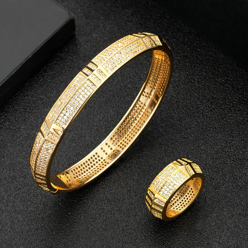 

Zlxgirl jewelry full mirco paved zirconia Gold bangle with ring jewelry sets high quality women's size wedding bracelet ring set