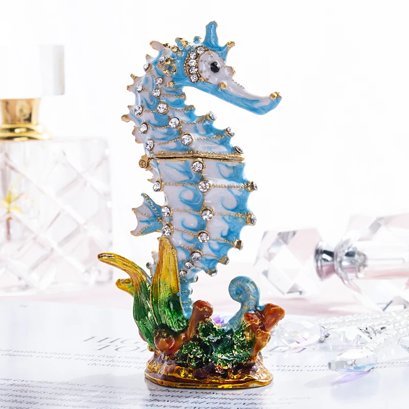 H&D Trinket Box Crystal Bejeweled Enamelled Seahorse Jewelry Ring Holder Handmade Sealife Figurine Collectible Decoration Gift