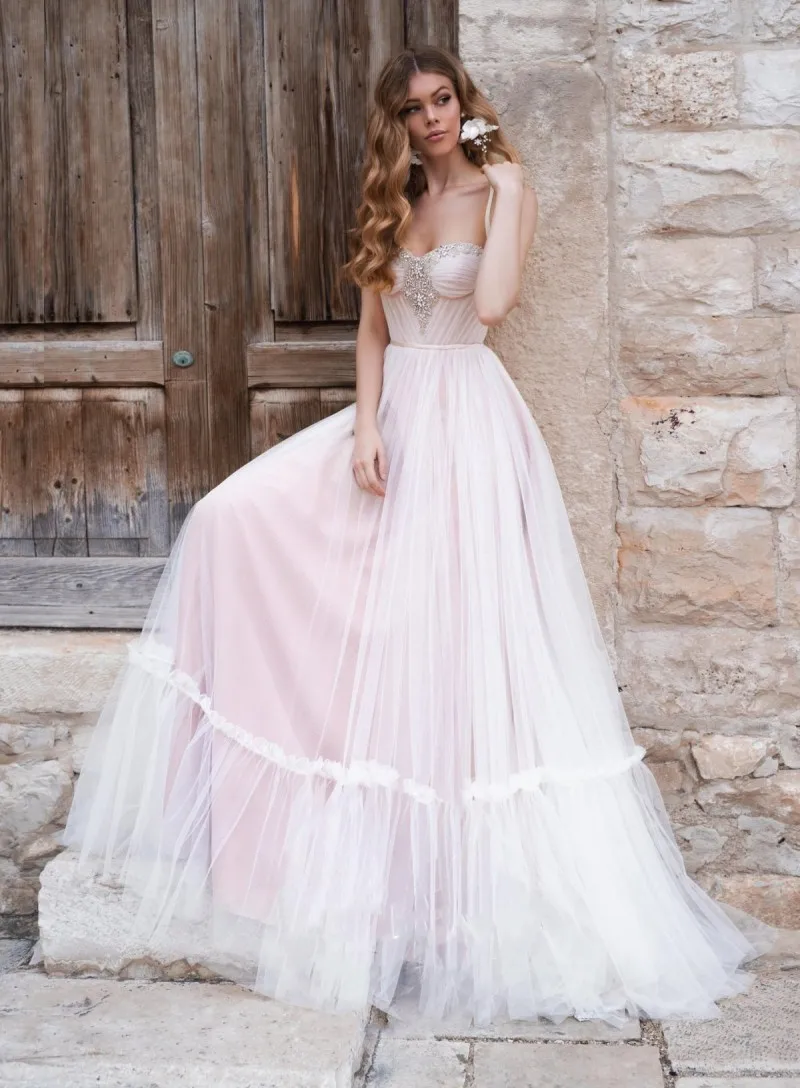 Blush Boho weselny sukienka 2020 frezowanie plaża suknie ślubne Sweetheart aplikacje Backless linia Vestido De Noiva