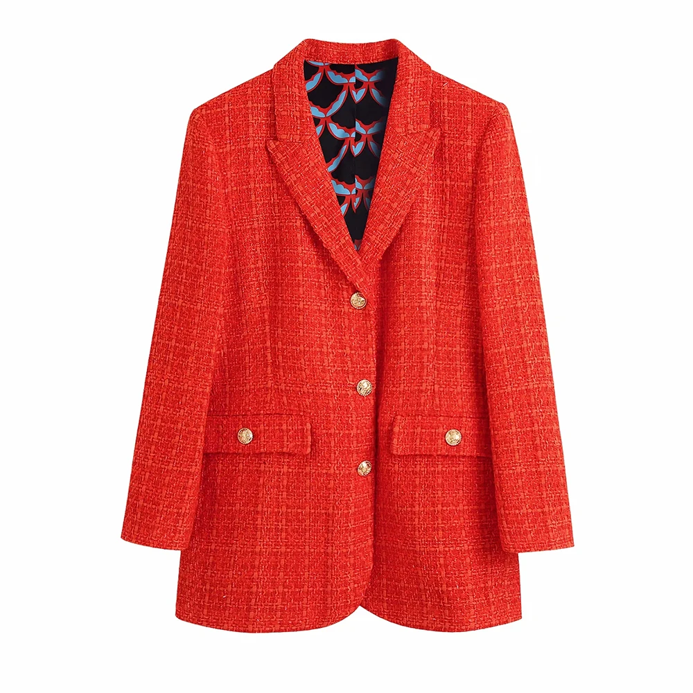 xikom 2021 Tweed Two pieces set Women red Vintage V Neck Long Sleeve Office Lady slim Blazer Coat Female Hight Waist skirt suit