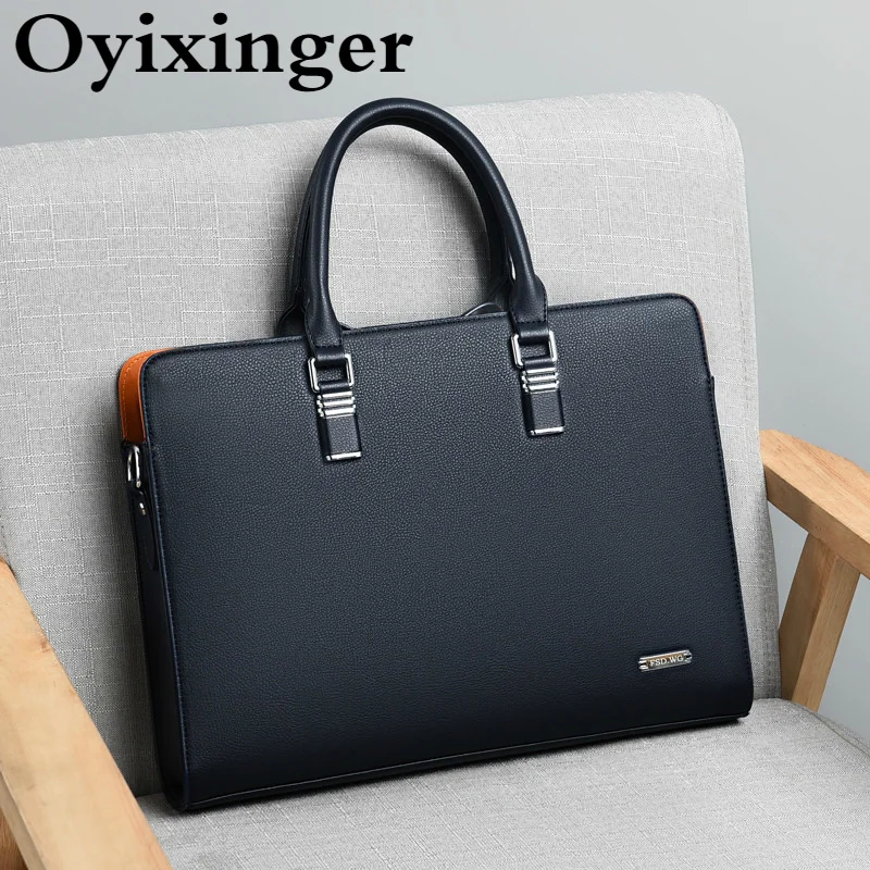 OYIXINGER Leather Laptop Bag Male Business Briefcase For 14 15 inch Laptop Casual A4 Document Storage Large Capacity Handbag Men