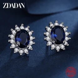 ZDADAN 925 Silver Blue Oval Crystal Earrings For Women Fashion Wedding Jewelry Gifts