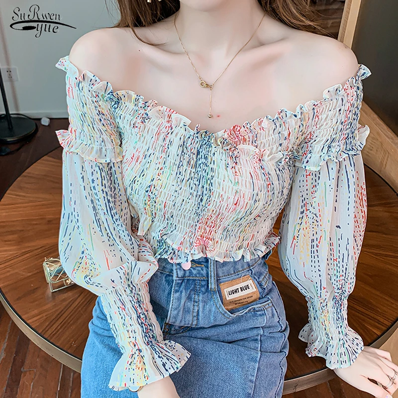 

Женская шифоновая блузка с длинным рукавом, повседневная Элегантная блузка с принтом и открытыми плечами, с воротником-лодочкой, модель 2023 на осень, 15834