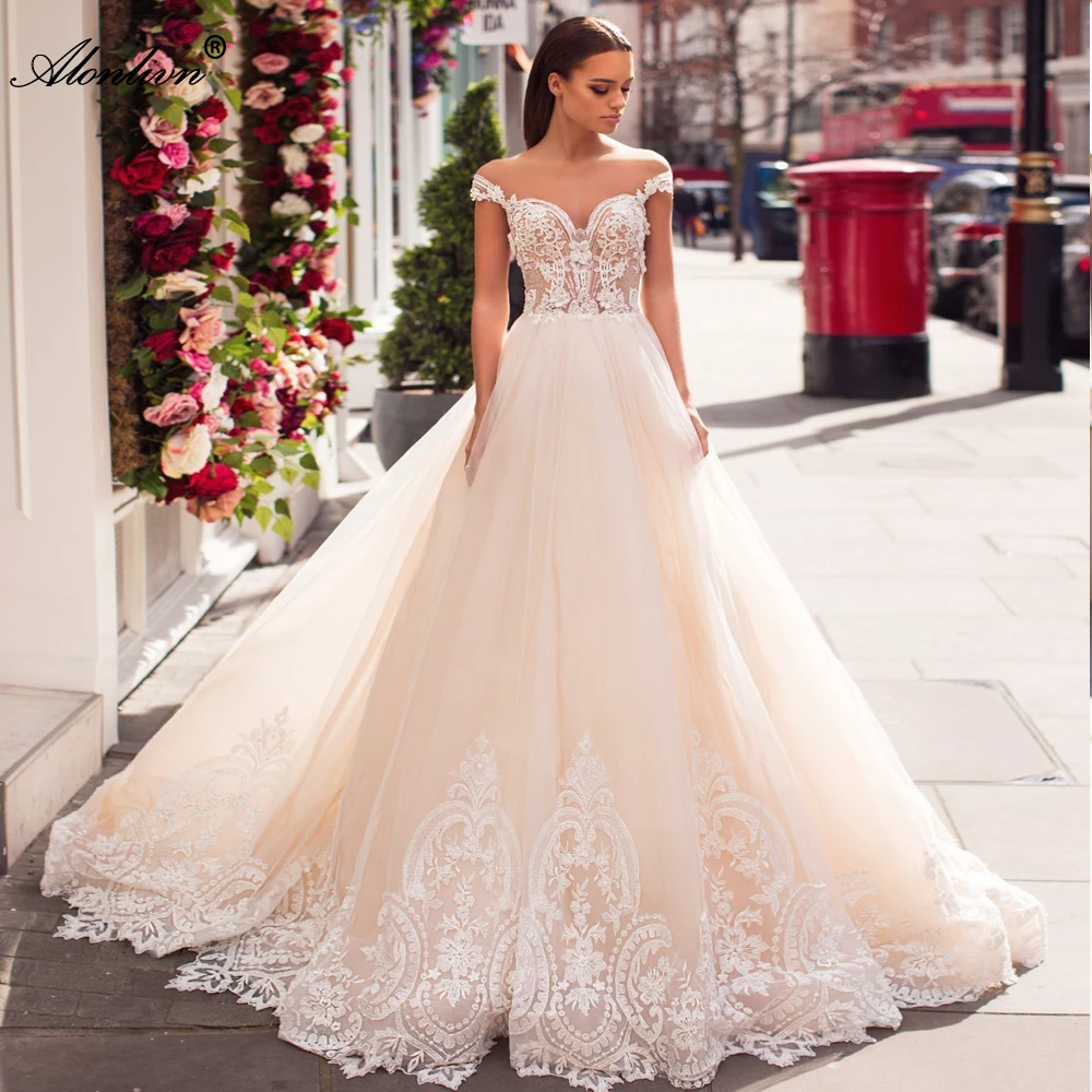 

Alonlivn Elegant Sweetheart Wedding Dress Illusion Back With Button A-line Off Shoulder Skirts