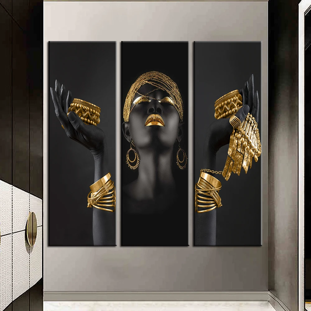 

Large Black Woman with Golden Jewelry on the Hands Canvas Paintings on the Wall Art Posters And Prints African Woman Art Picture