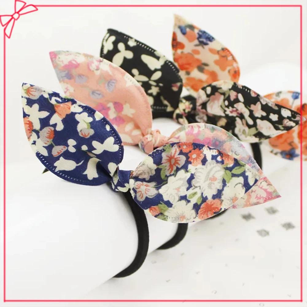 10Pcs Floral Print Bows Elastic Hair Bands Princess Hair Bows Lot Rabbit Ear Children Hair Gum Hair Accessories  For  Baby Girls