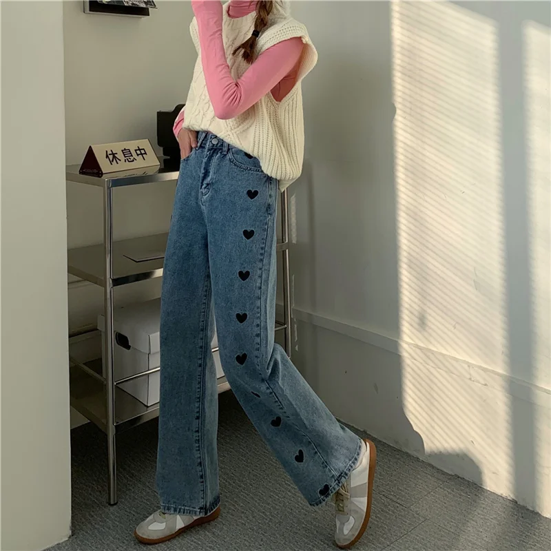 Harajuku Women Denim Wide Leg Pants Heart Embroidery Streetwear High Waist Trousers Female Jeans Korean Fashion Aesthetic Pants