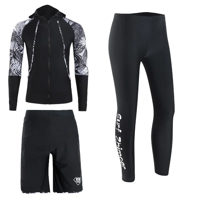 

Men's Long Sleeve UV Sun Protection Zip Hoodie Shirt + Trunks + Leggings Quick Dry Rash Guard Swim Tops Bottoms Full Dive Skin