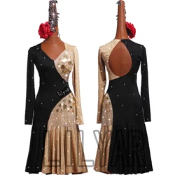 New Latin Competition  Performance  Adult Light Long-Sleeved Color Matching Diamond Dance Dress