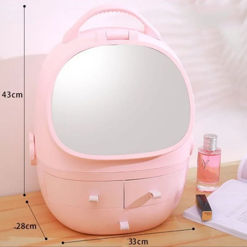 Portable Makeup Bag Pink Beauty Case Pvc Plastic With Light Desktop Vanity Bag High-Capacity Cosmetic Organizer With Mirror Box