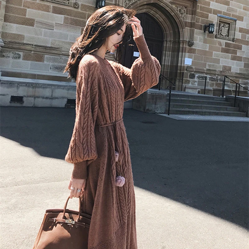 

Fashion Winter knitted Sweater Dress Women Clothes Loose Thicken Ladies Knitted O-neck Casual Dress Autumn Female Party Dresses