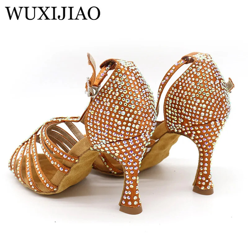 WUXIJIAO Pearl Rhinestones Latin Dance Shoes Women Bachata Salsa Latin Dance Shoes For Girls Vocational Training Shoes