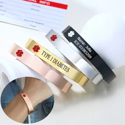 Medical Alert Cuff Bracelets Customize TYPE 1 DIABETES SOS Open Bangles Stainless Steel Women Man Personalized Jewelry