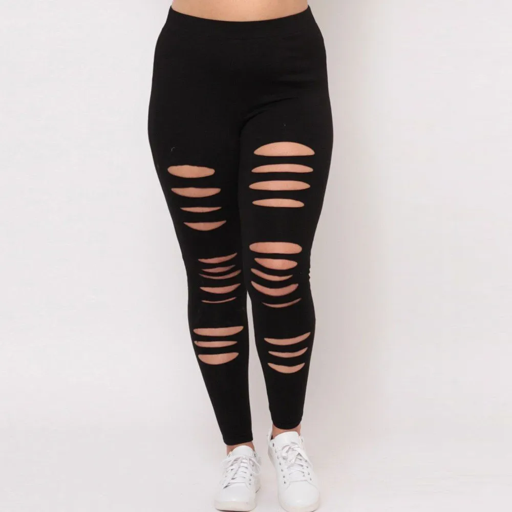 Stylish Bar Plus Size L-5XL Summer Hole Ripped Pants Women Sexy Cool High Waist Stretch Sport Skinny Pant Pencil Trousers Black