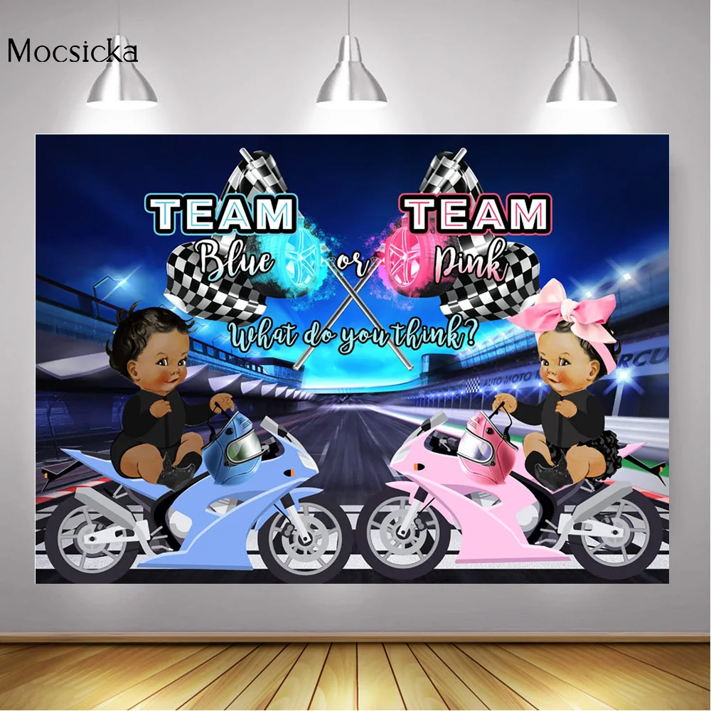 Racing Car Themed Gender Reveal Party Backdrop Motorcycle Race Boy or Girl Newborn Baby Shower Photo Background Blue or Pink