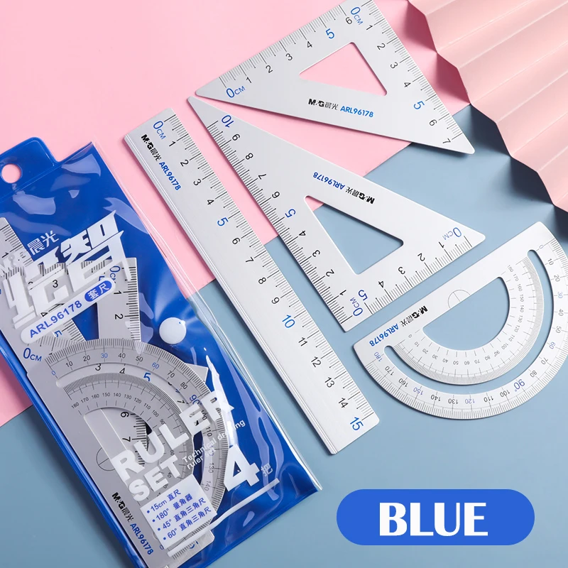 M&G Aluminium Ruler Set 4pcs/set Metal Geometry Maths Drawing compass stationery Rulers mathematical for School