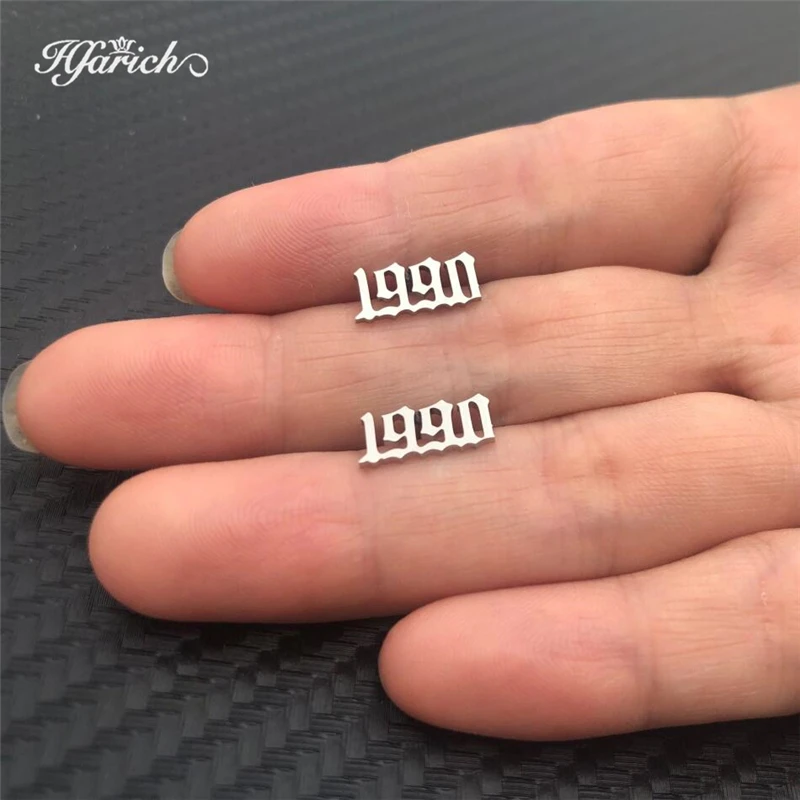 Hfarich Custom Earrings Stainless Steel Year Number 1980 1996 2002 Earring for Women Men Old English Ear Birthday Gift 1980-2019