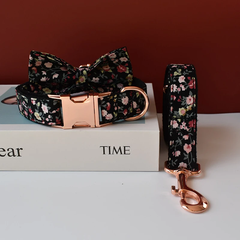 Nylon personalized soft dog collar leads with bow tie traction rope engraved ID pet collar straps bulldog frances Flowers 05