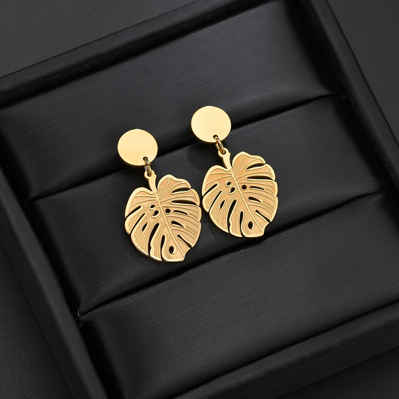 Bohemian Stainless Steel Monstera Leaf Dangle Drop Earrings Women Gold Color Tropical Hollow Plant Leaves Brincos Party Gifts