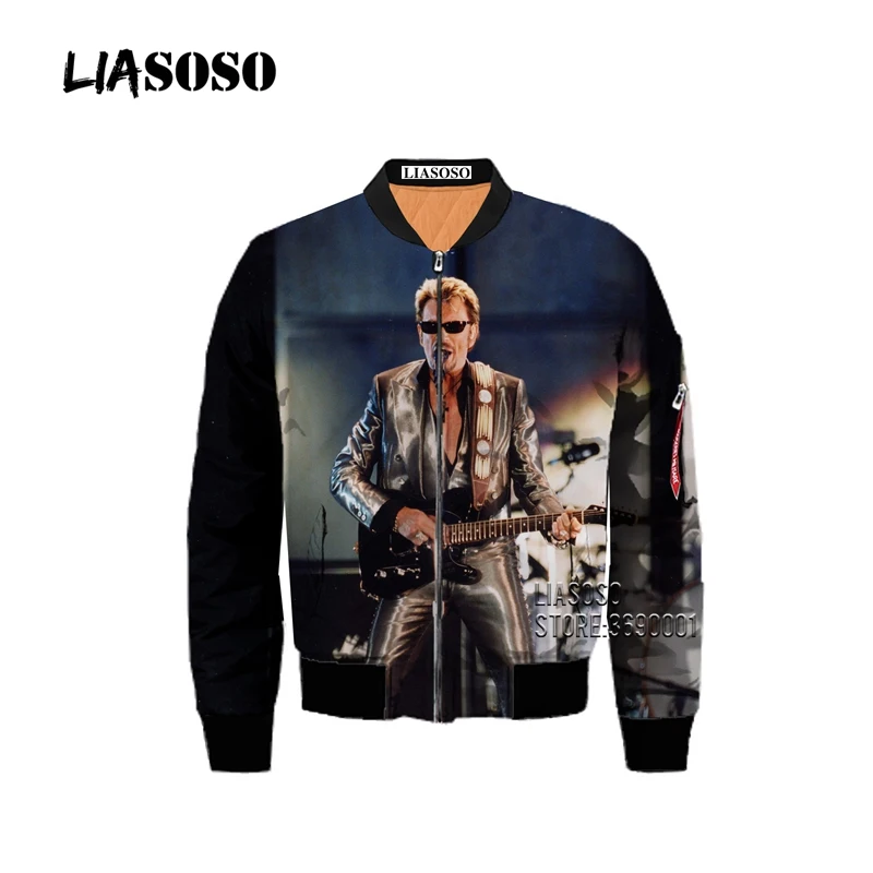 LIASOSO francja piosenkarka Johnny Hallyday 3D drukuj męska zima gruby Hip Pop Bomber Jacket Coat Punk Style Plus rozmiar kurtka lotnicza