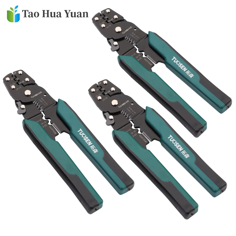 Tao hua yuan ferramenta de friso alicate fio cortador stripper crimper wiretool 10-22awg tubo quadrilátero bootlace terminal aa