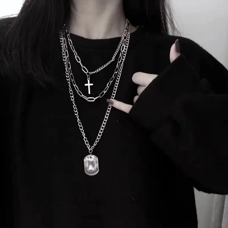 

Multilayer Chain Necklace For Women Men Long Hip Hop Punk Cross Pendant Necklace Stainless Steel Charm Silver Color Jewelry Gift