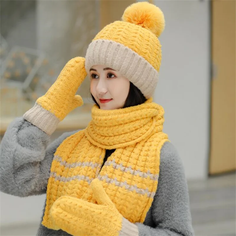 Fashion Women\'s Hat Scarf /Gloves Sets Autumn-Winter Female Thickening Three - Piece Knitted Caps Lady Warm Beanies Hat