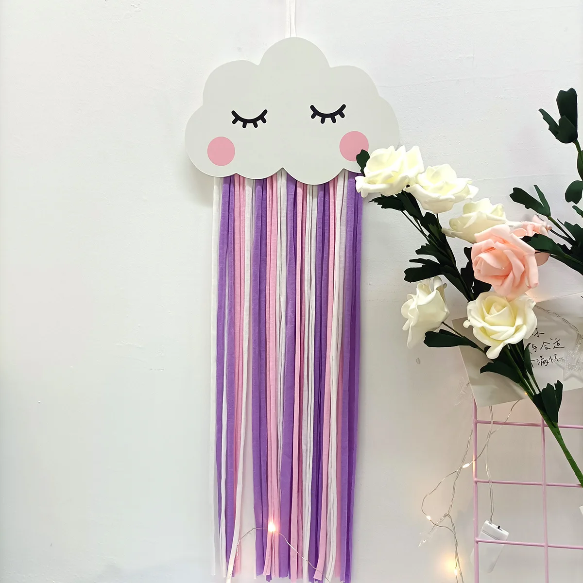 Cute Wooden Hollow Rainbow Clouds Wall Hanging Ornament Tassel Pendant Hair Clip Hanger Storage For Girl Kids Room Decorations