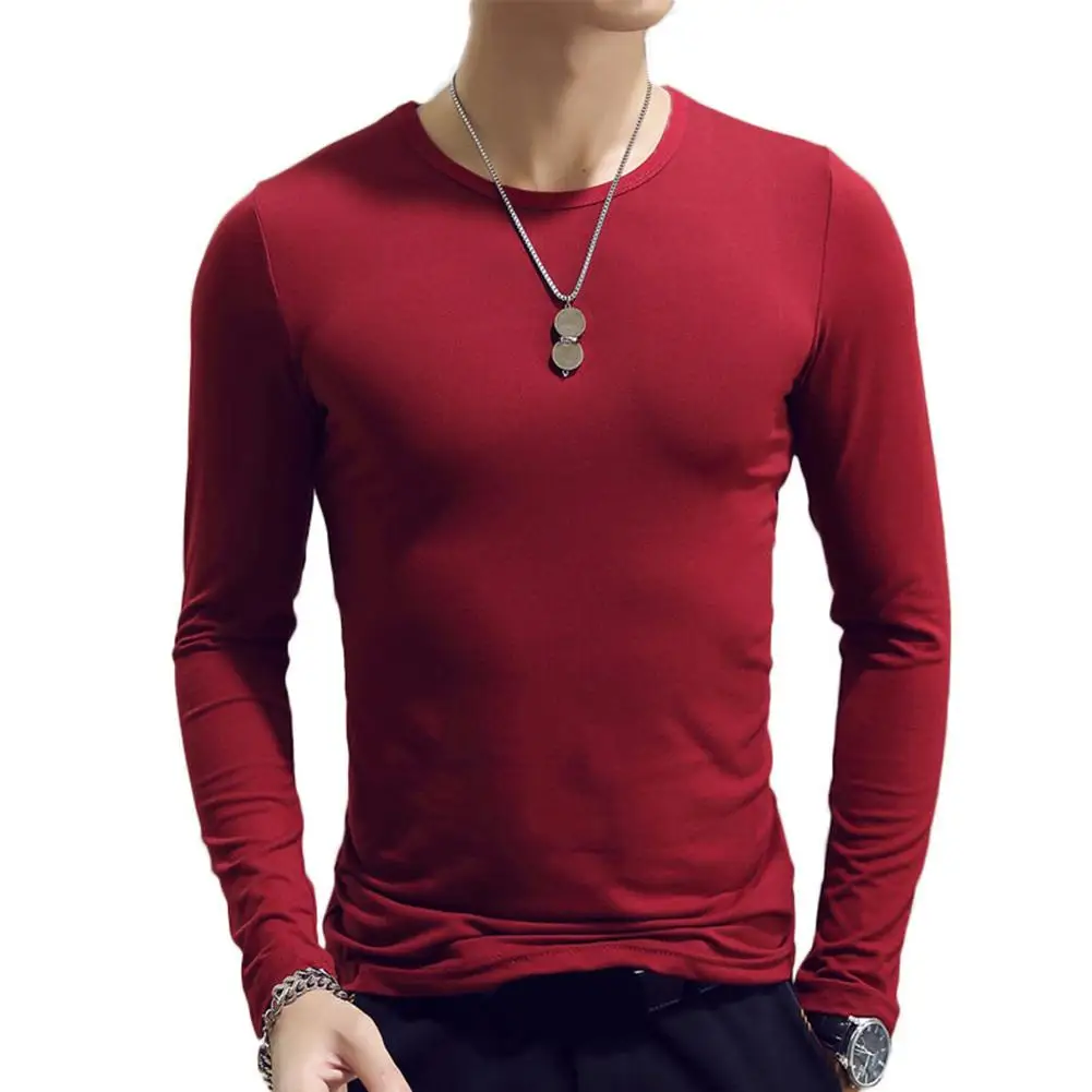 Casual Men Solid Color O Neck Long Sleeve Slim T-shirt Sports Bottoming Top Men Clothings Solid Color Sliming and Fit