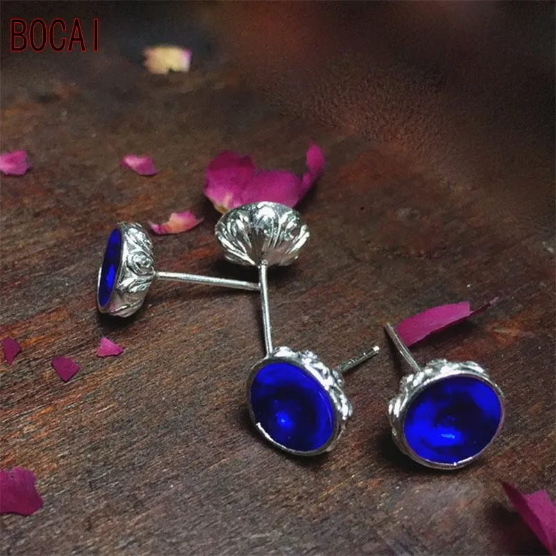 

Original handmade enamel mini retro ethnic couple female 999 sterling silver earrings