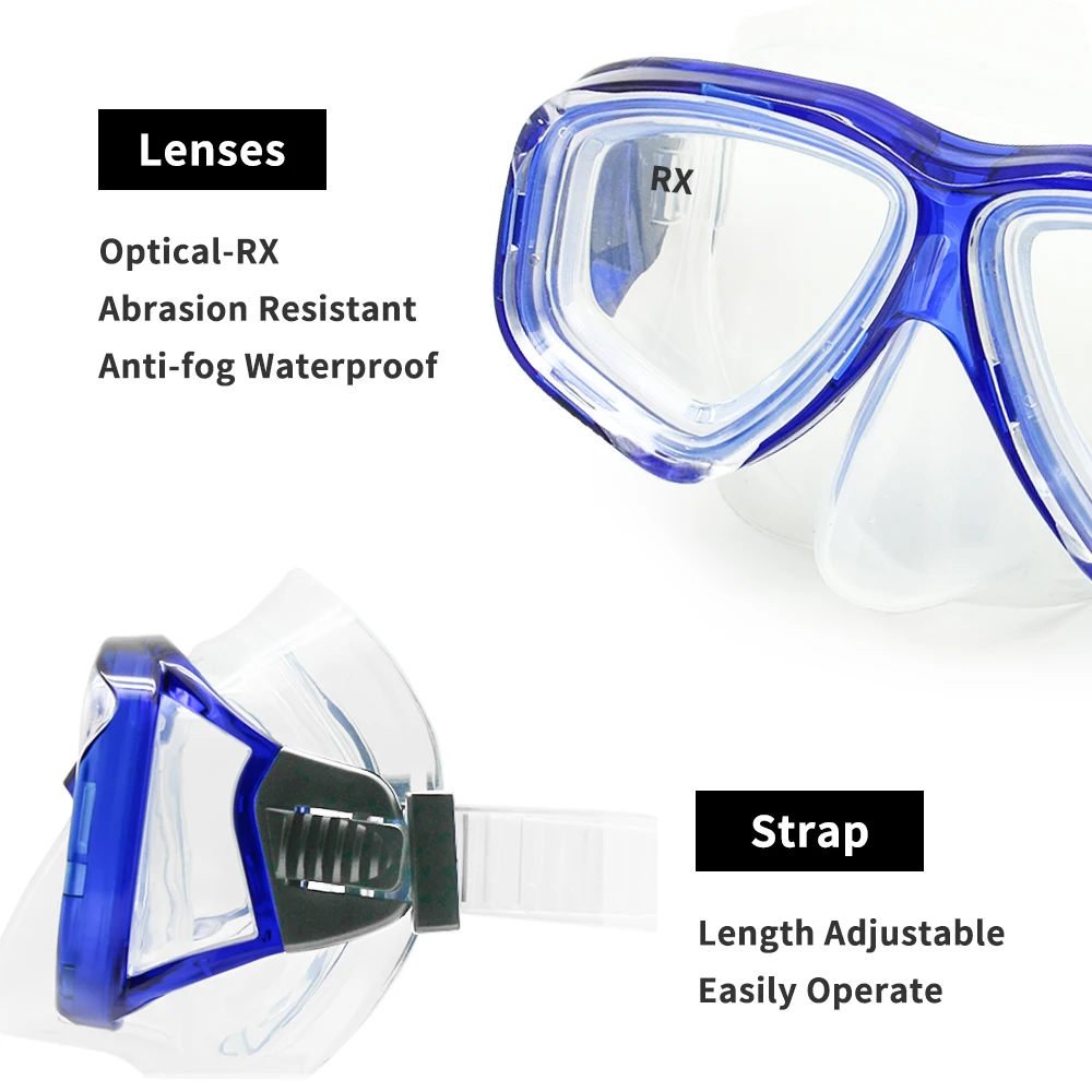 Optical Diving Gear Kit Myopia Snorkel Set, Different Strength for Each Eye, Nearsighted Dry Top Scuba Mask