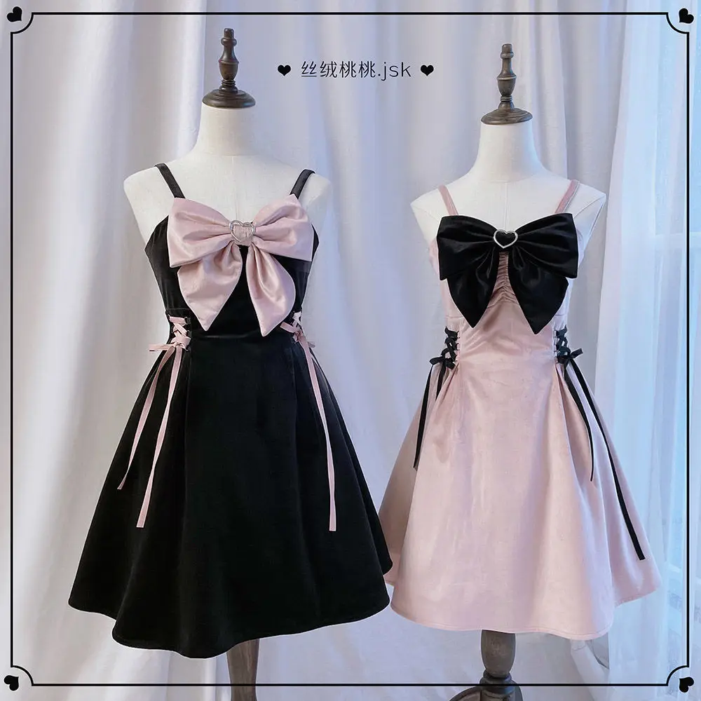 Różowa sukienka Lolita Kawaii Bow Bandage Slip Dresses Women Goth Black Sexy Sleeveless Y2k Female Party Sweet Cosplay Strap Dresses