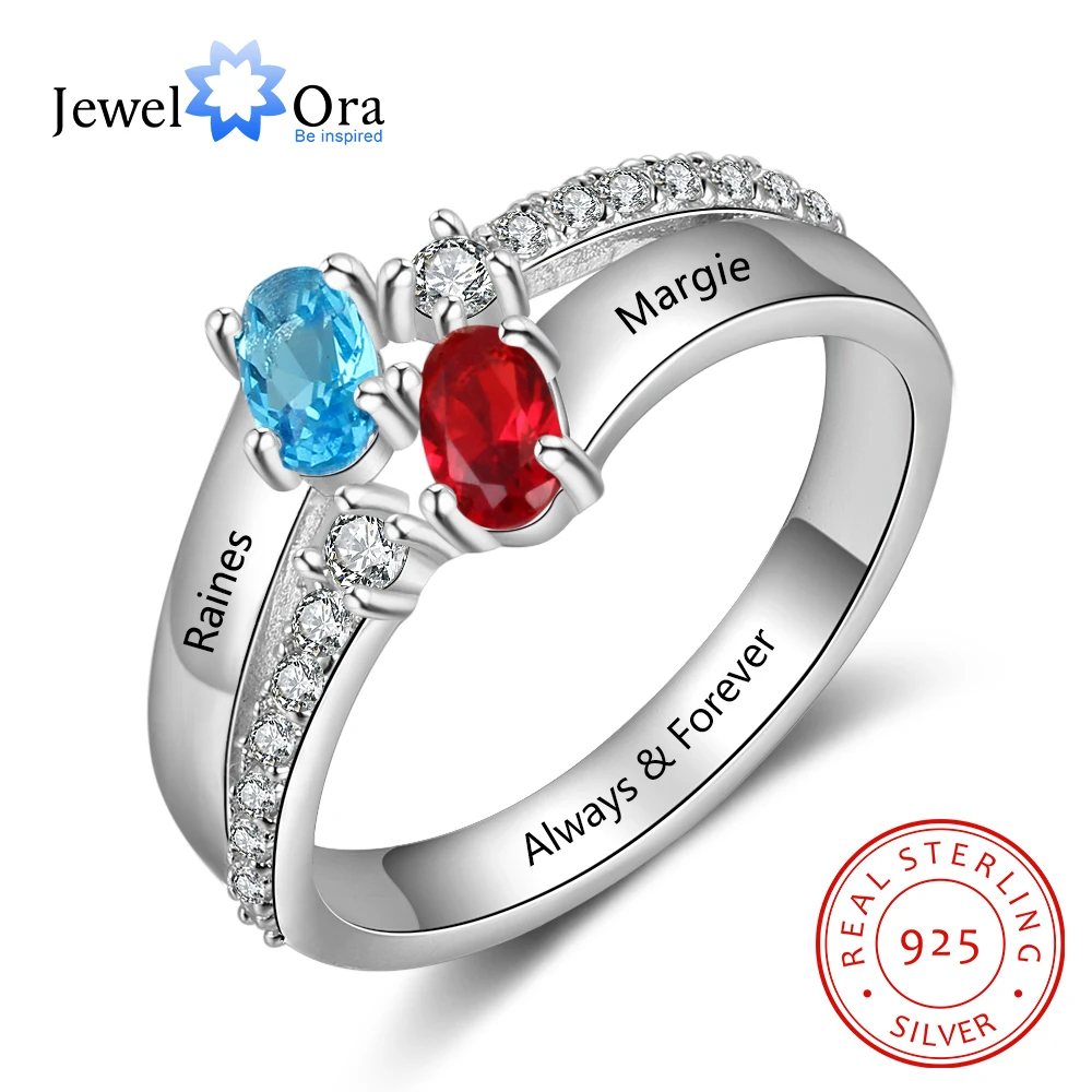 

JewelOra Personalized 925 Sterling Silver Name Engraved Ring with Zirconia Customized Oval Birthstone Wedding Rings for Women