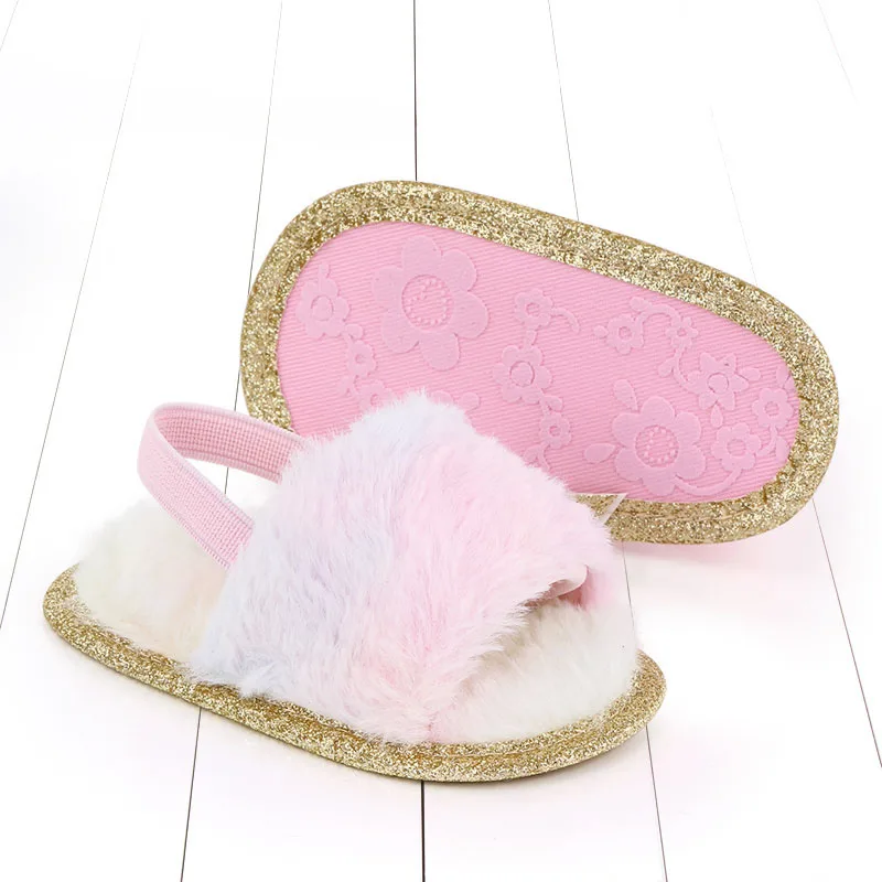 

Toddler Baby Girls Plush Sandals Soft Sole Faux Fur Flats Prewalker Slippers With Elastic Back Strap Home Baby Shoes 2021