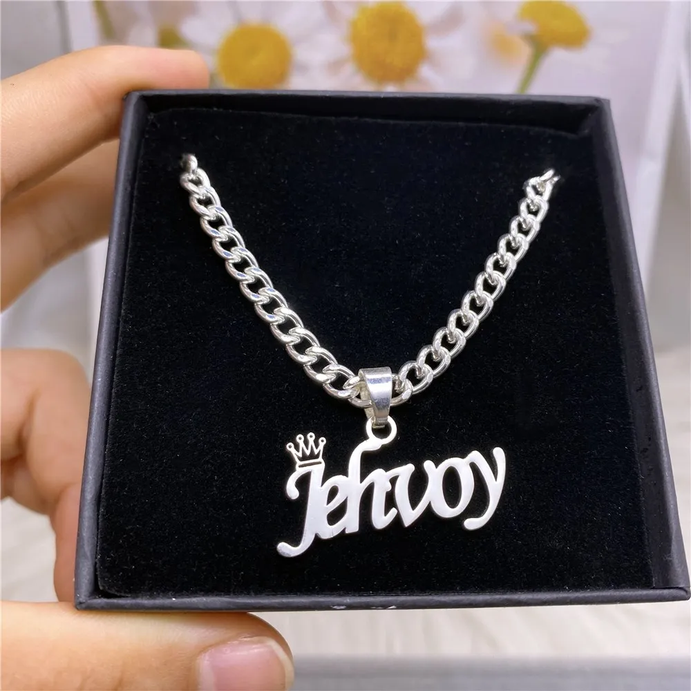 

AurolaCo Custom Name Necklace Cuban Chain Custom Stainless Steel Nameplated with Crown Personalized Jewelry for Men Women