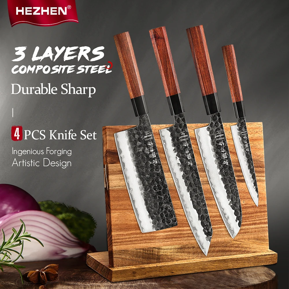 

HEZHEN 5PC Knife Set Chef Utility Stainless Steel Magnetic Knife Holder Beautiful Gift Box Slice Kitchen Knives
