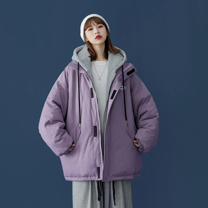 

Fake Two Pieces Jacket Women Winter Thicken Oversized Bubble Coat Couple Parkas Warm Cotton Padded Hooded Jacket Parka Winter