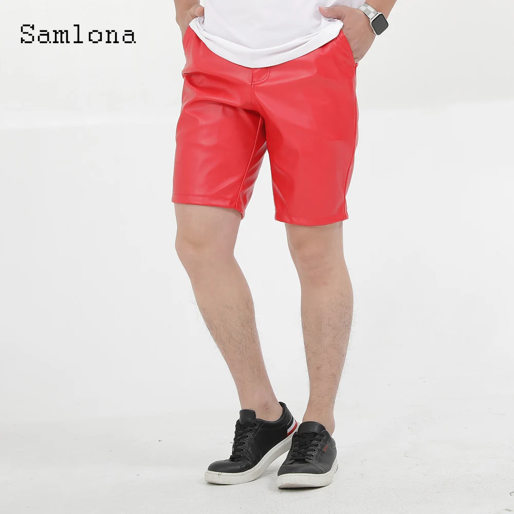 Samlona Plus Size Men\'s Faxu Pu Leather Shorts Blue Red Comfy Short Pants 2024 Summer New Sexy Fashion Stand Pocket Shorts Homme